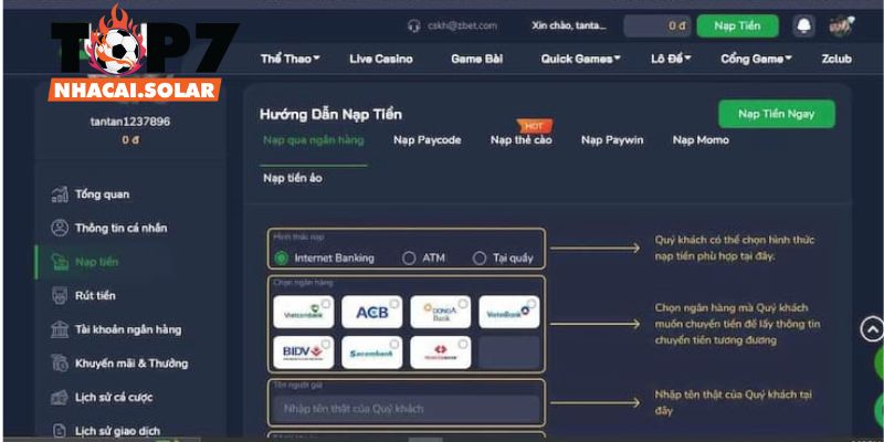 Hướng dẫn nạp tiền nhanh chóng ZBET qua ngân hàng